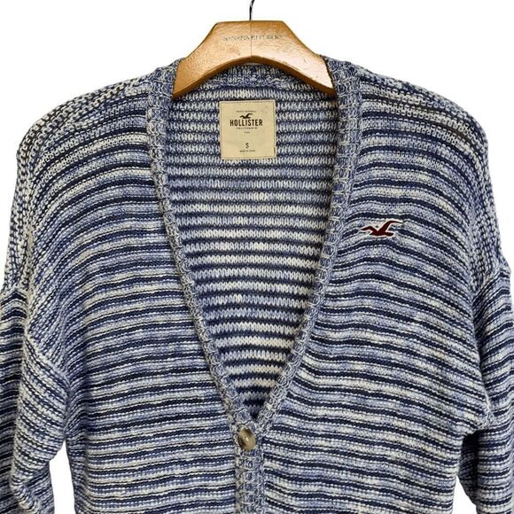Hollister Womens sz Small denim blue white striped drop sleeve Cardigan sweater - Picture 11 of 12